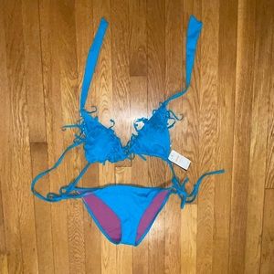 NWT Guess Fringe Teal Bikini, Halter Tie Top (size S), String Bottom (size M)